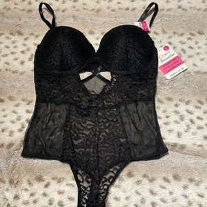 New Women’s L Curve Necessities Sheer black leopard print bodysuit w/ thong back